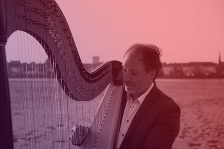 François Pernel à la harpe dans un champ
