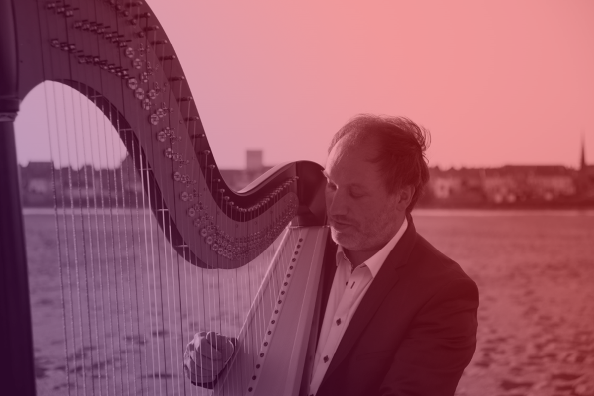 François Pernel à la harpe dans un champ